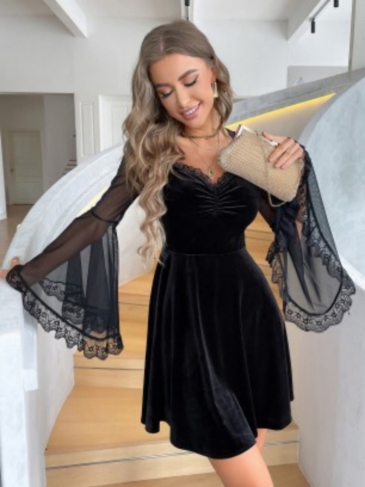 Contrast Mesh Flounce Sleeve Lace Trim Ruched Bust Short Dress